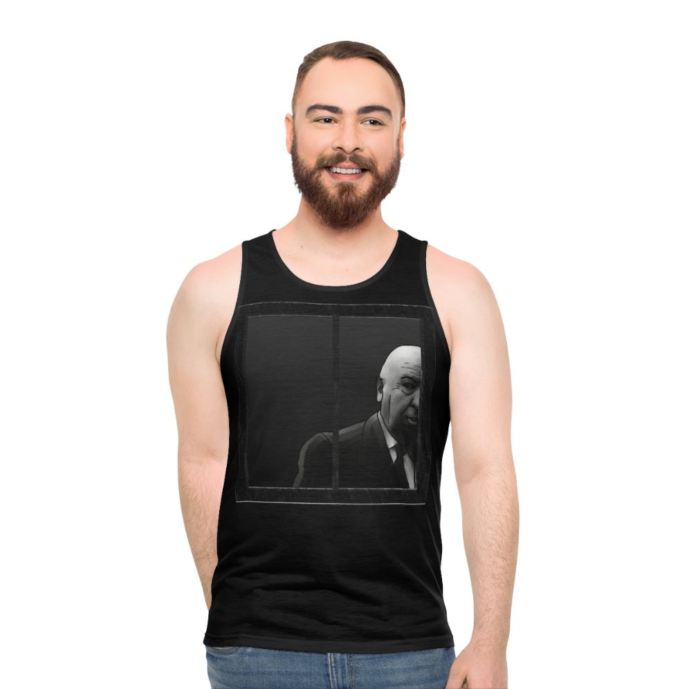 Alfred Hitchcock black and white graphic on a unisex tank top - men