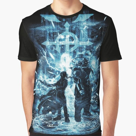 Full Metal Alchemist Brotherhood Storm Graphic T-Shirt featuring the Elric Brothers and alchemy symbols