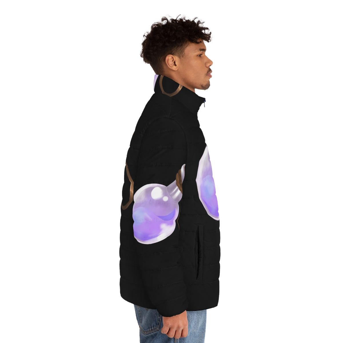 A pastel blue and red puffer jacket with a magical potion design, perfect for RPG enthusiasts. - men side right