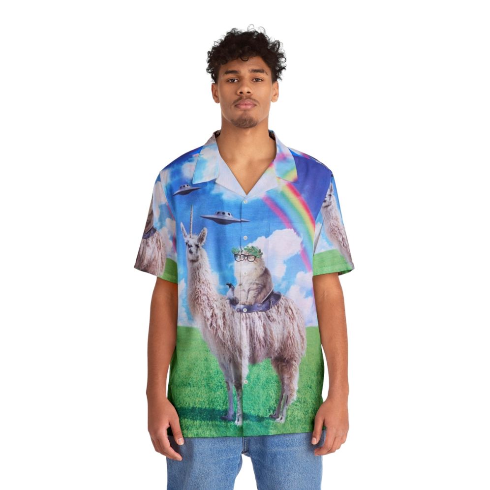 A vibrant Hawaiian shirt featuring a cat riding a llama unicorn in a space-themed cosmic design. - People Front