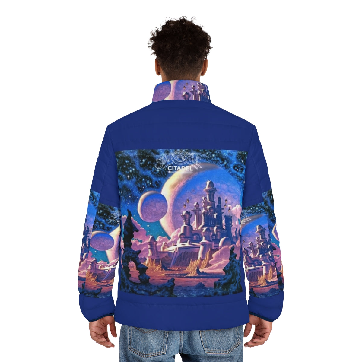 Starcastle Citadel Puffer Jacket featuring retro psychedelic art and progressive rock design - men back