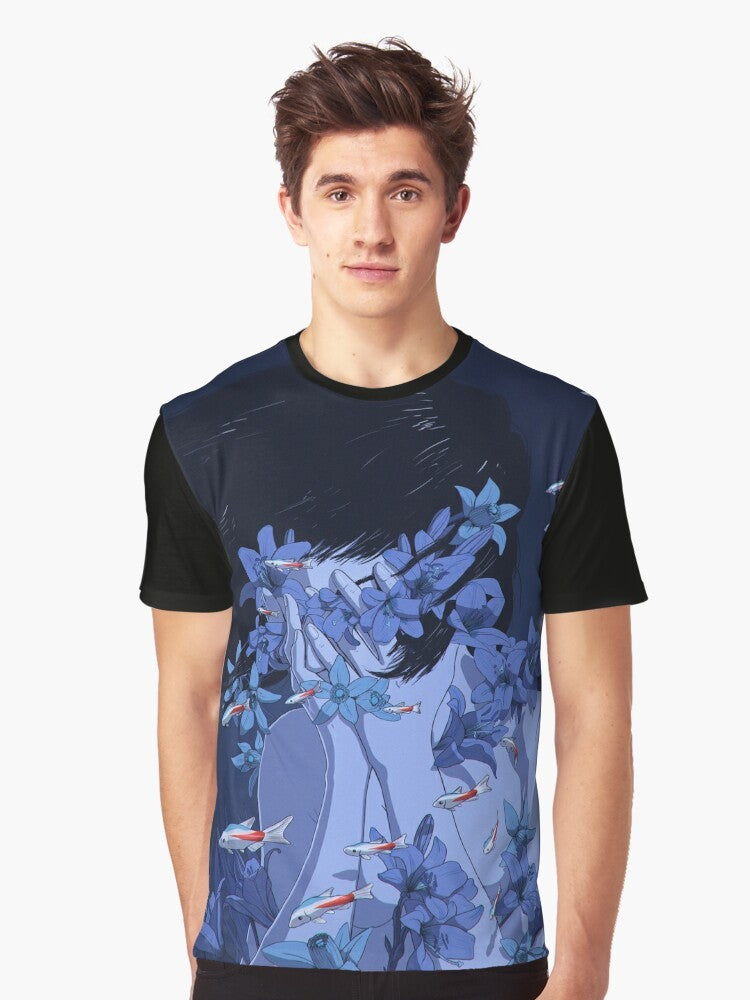 Anime t-shirt with "Perfect Blue" graphic design featuring fish, flowers, and water imagery - Men