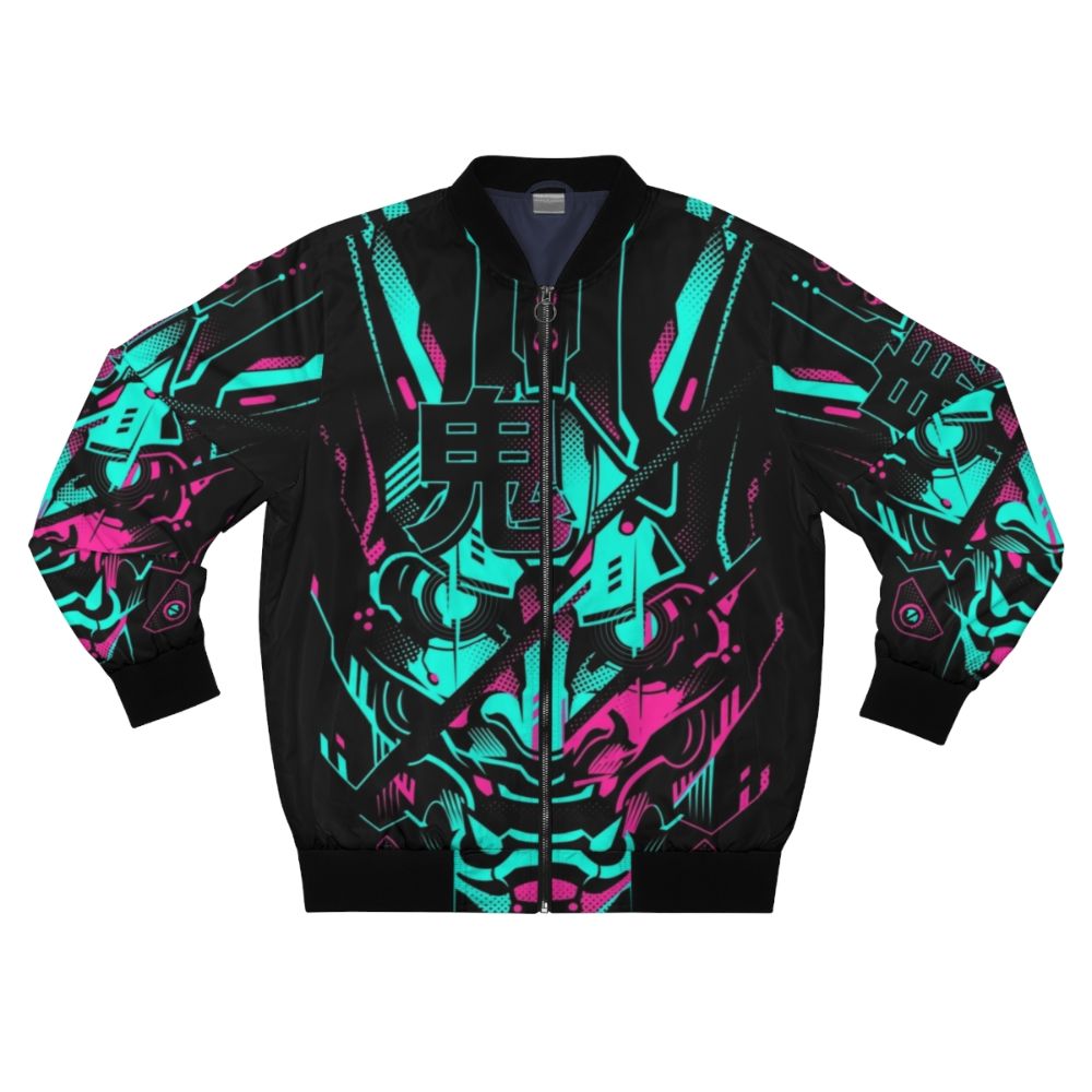 Cyberpunk style bomber jacket with neon oni and glitch design