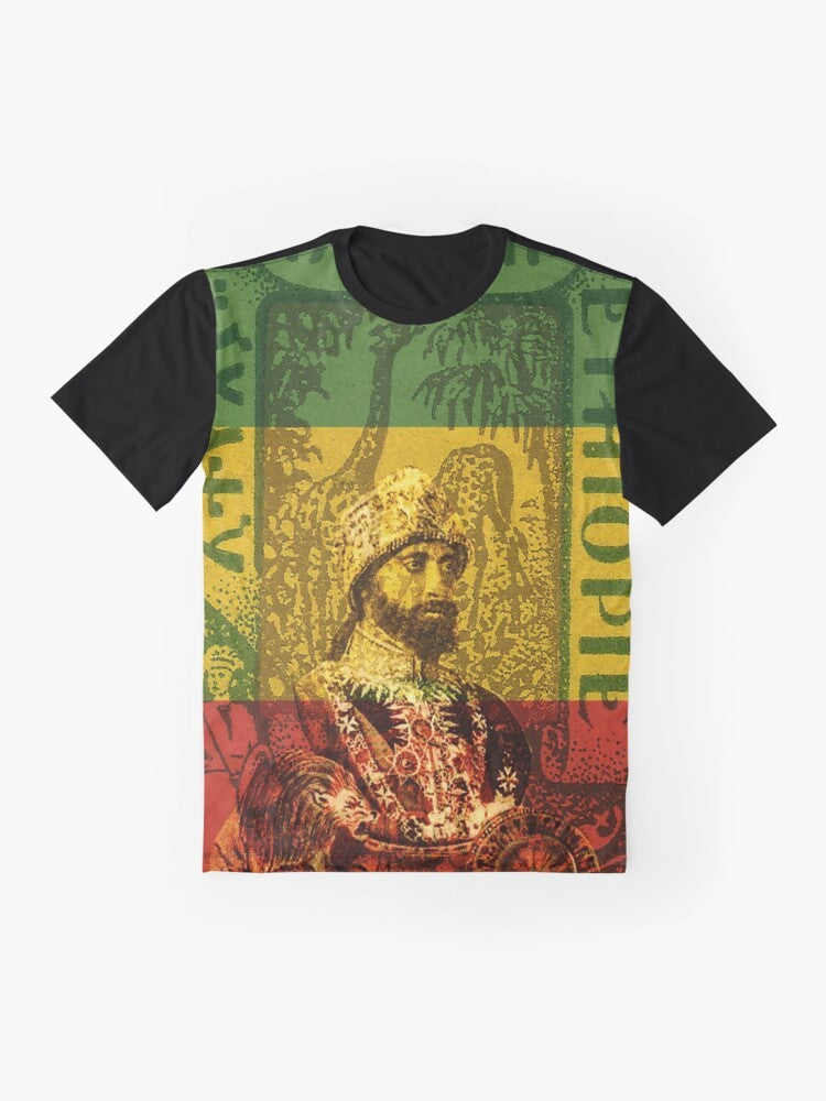 Haile Selassie Emperor of Ethiopia Graphic T-Shirt with Rastafarian and Reggae Motifs - Flat lay