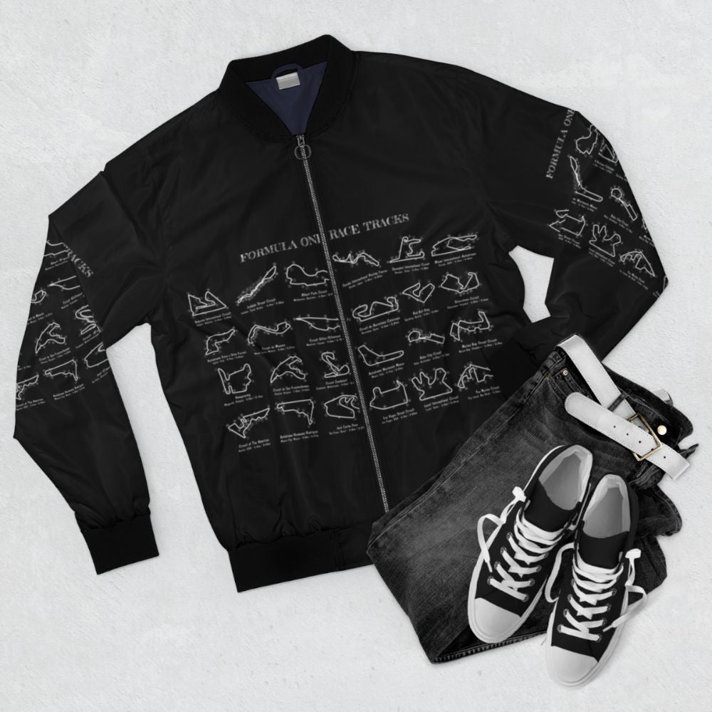 F1 Race Tracks Bomber Jacket with White Stencil Design - Flat lay