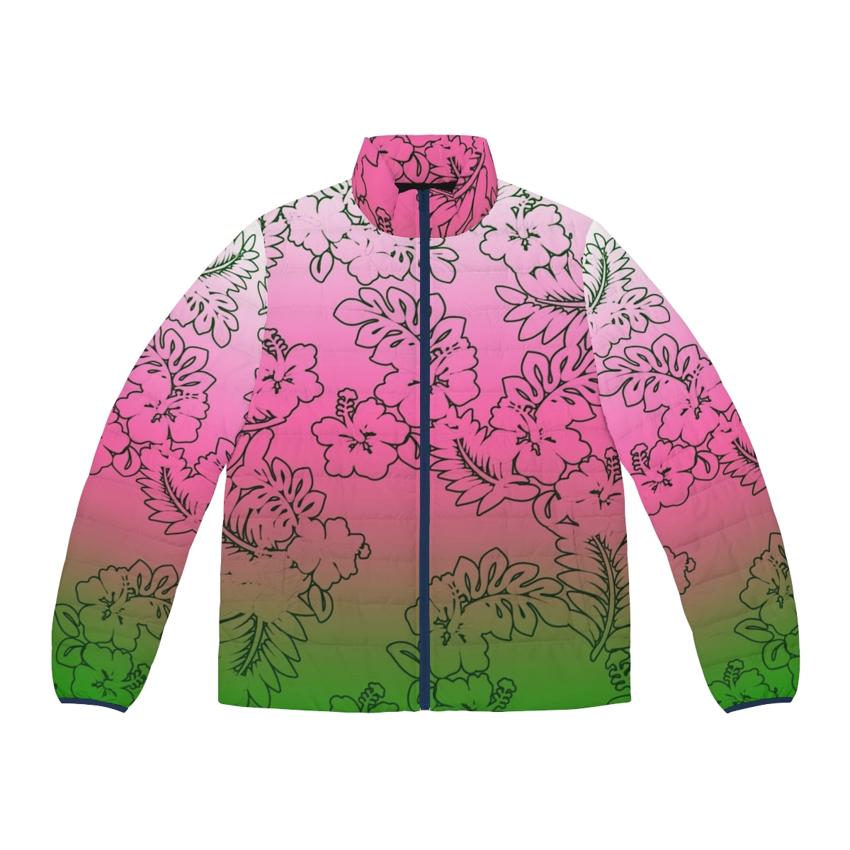 Ombre pink, green, and white puffer jacket with hibiscus flower design