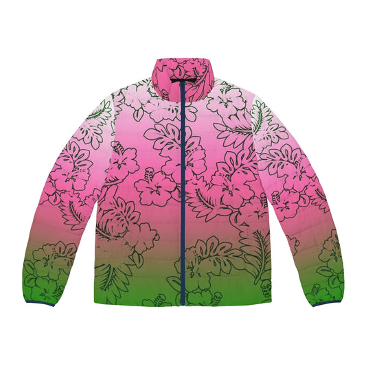 Ombre pink, green, and white puffer jacket with hibiscus flower design