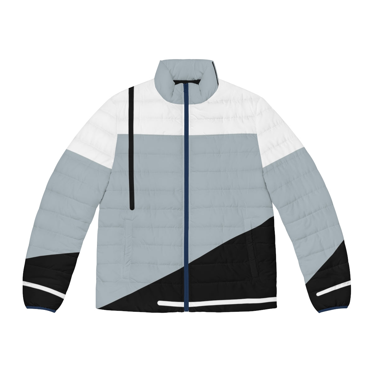 Minimalist abstract geometric puffer jacket with modern trichromatic color block pattern