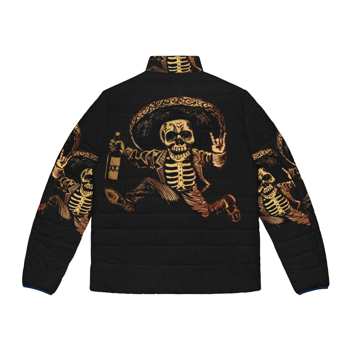 Dia de los Muertos inspired puffer jacket with sugar skull and outlaw design - Back