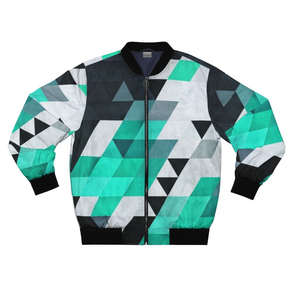 Modern geometric abstract pattern bomber jacket in teal, white, and black