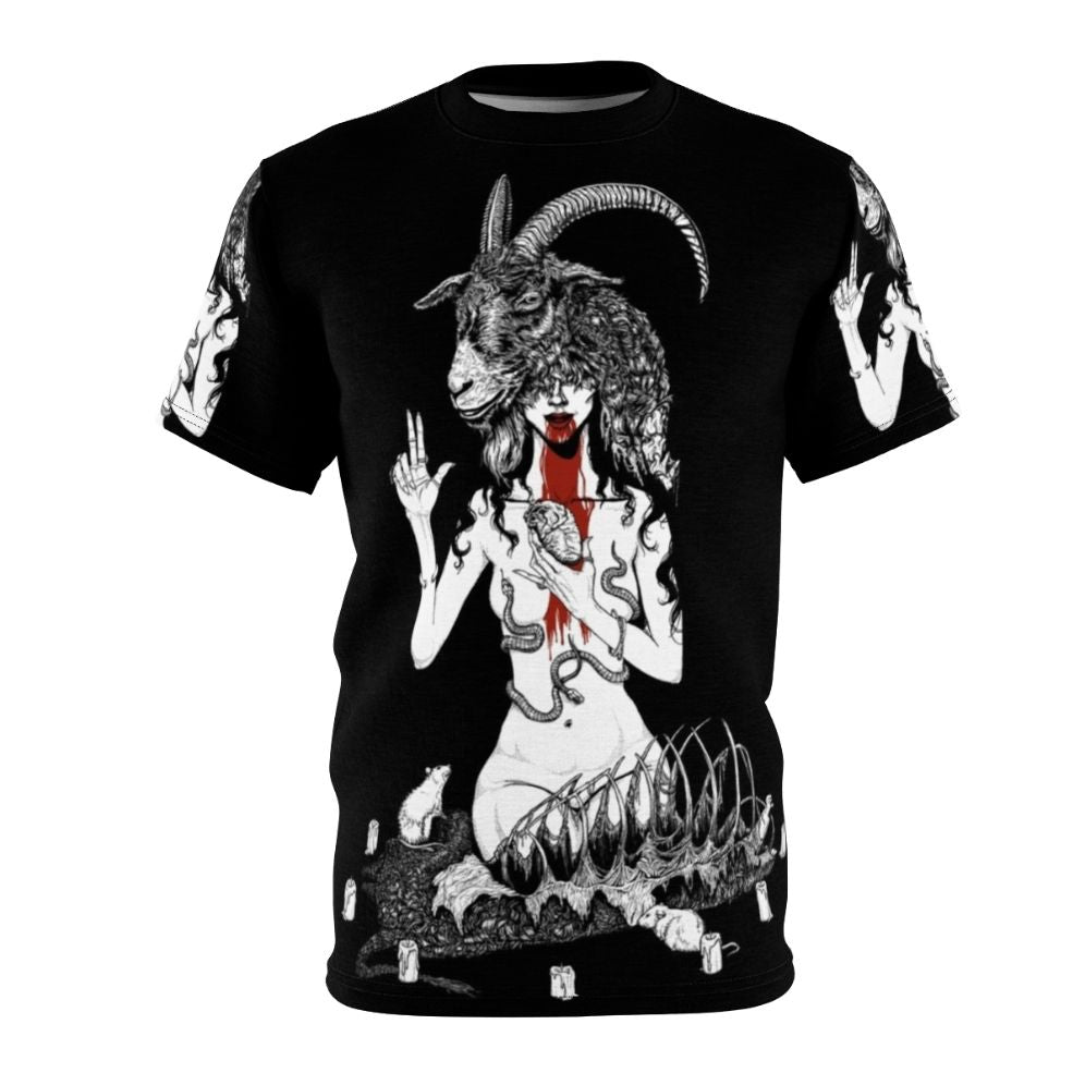 Occult satanic horror t-shirt with baphomet, demons, and pagan symbols