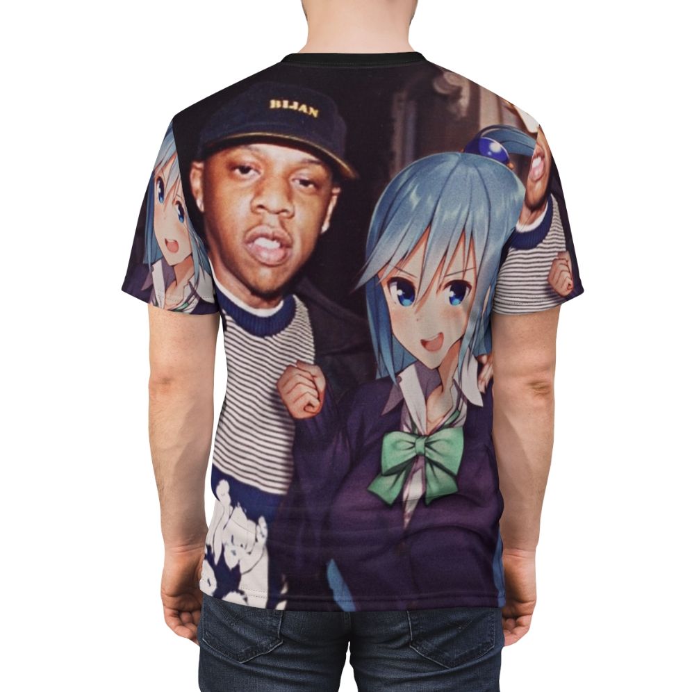 Aqua anime-inspired graphic t-shirt with Jay Z rapper design - men back