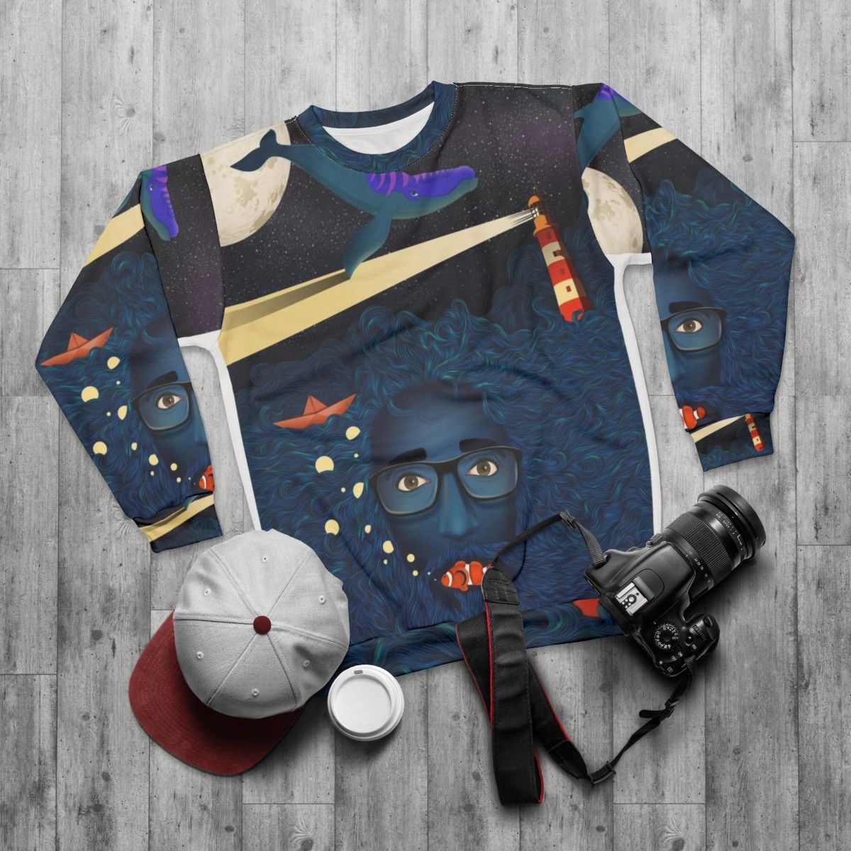 Deep Thoughts Calma-Inspired Sweatshirt featuring a fantasy ocean theme - flat lay