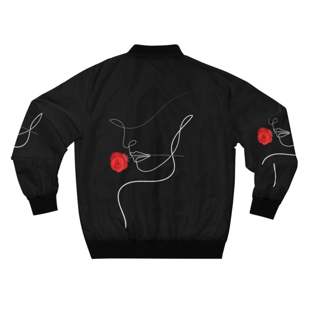 One line art bomber jacket featuring a minimalist design of a woman with a rose - Back