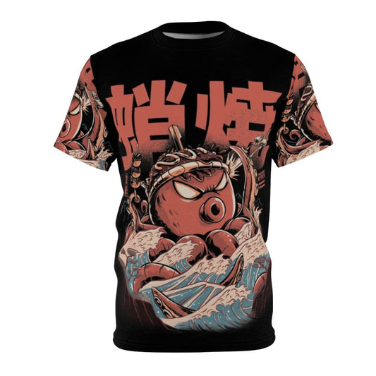 Retro anime-style t-shirt featuring a takoyaki food-inspired kaiju creature design