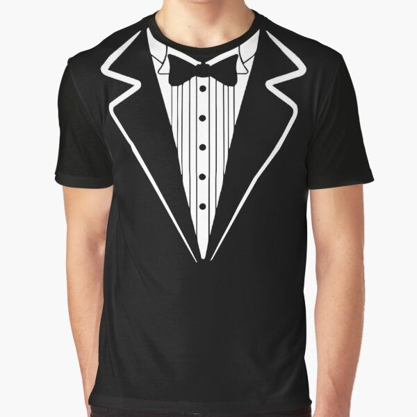 Tuxedo bow tie graphic t-shirt with a stylish and humorous design