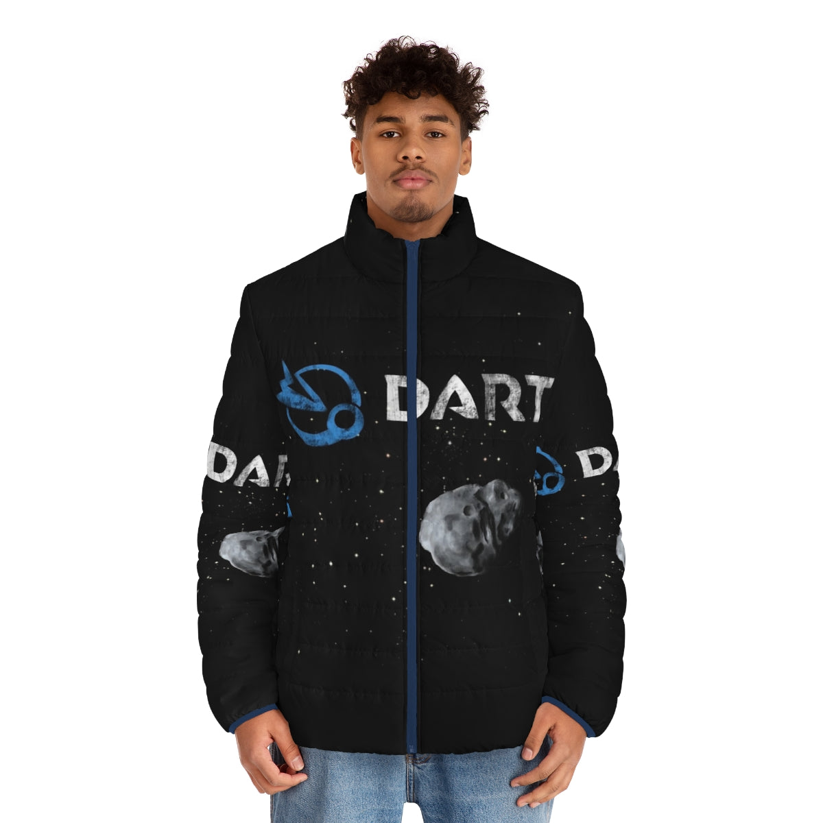 Illustration of Nasa's Dart mission puffer jacket with space and asteroid design - men front