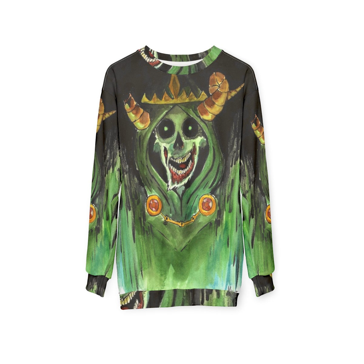 The Lich Horror Sweatshirt with skull and zombie design - hanging