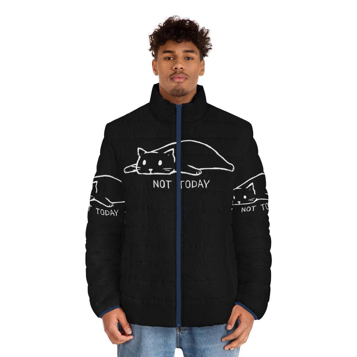 Puffer jacket with an image of a lazy, antisocial cat with the text "Not Today" - men front