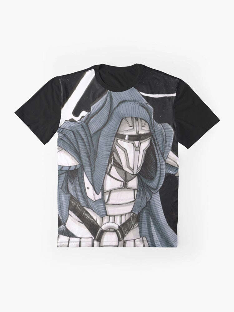 Darth Revan, a powerful Sith Lord from the Star Wars universe, featured on a high-quality graphic t-shirt. - Flat lay