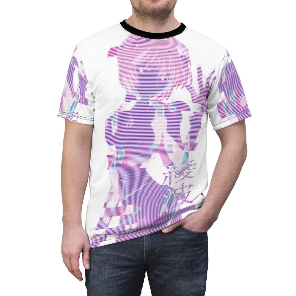 Vaporwave-inspired all-over-print t-shirt with Rei Ayanami glitch art design - men front