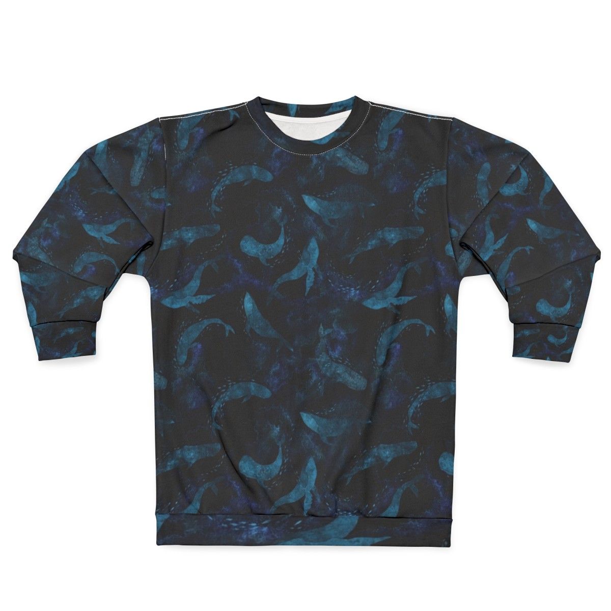 Indigo blue sweatshirt with a design of whales dancing underwater