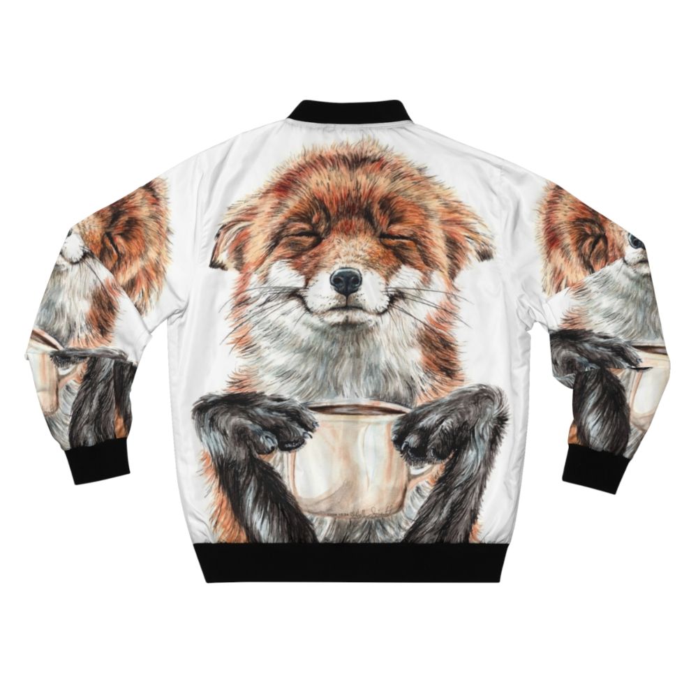 A cute, watercolor-style illustration of a red fox drinking coffee on a bomber jacket. - Back