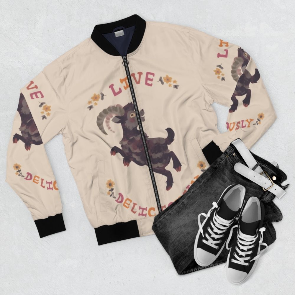 Deliciously bomber jacket with witch and black phillip goat design - Flat lay