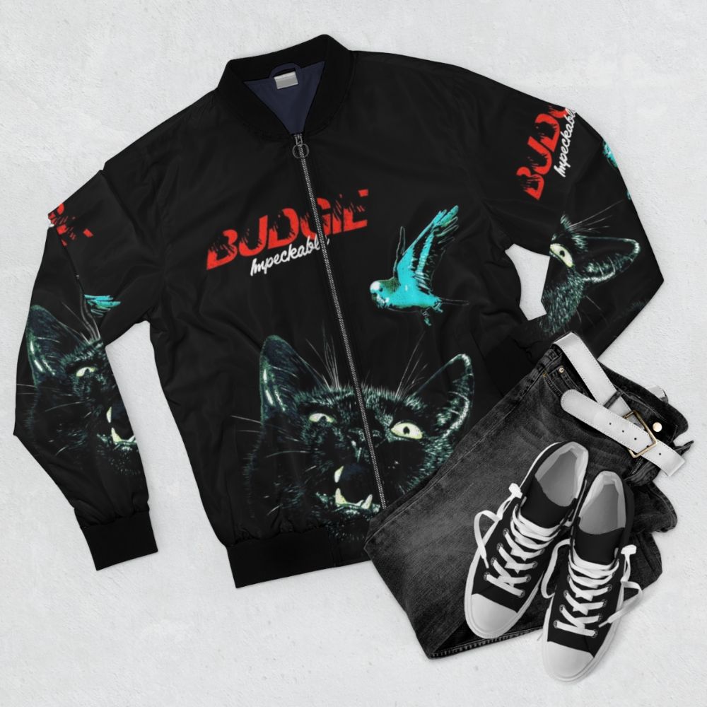 Budgie Band Impeckable Album Bomber Jacket with band logo and retro-inspired design - Flat lay