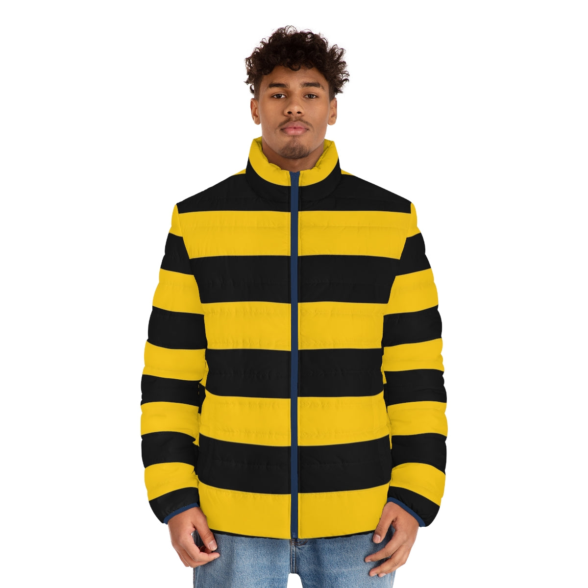 Puffer jacket with a vibrant bee pattern in black and yellow stripes - men front