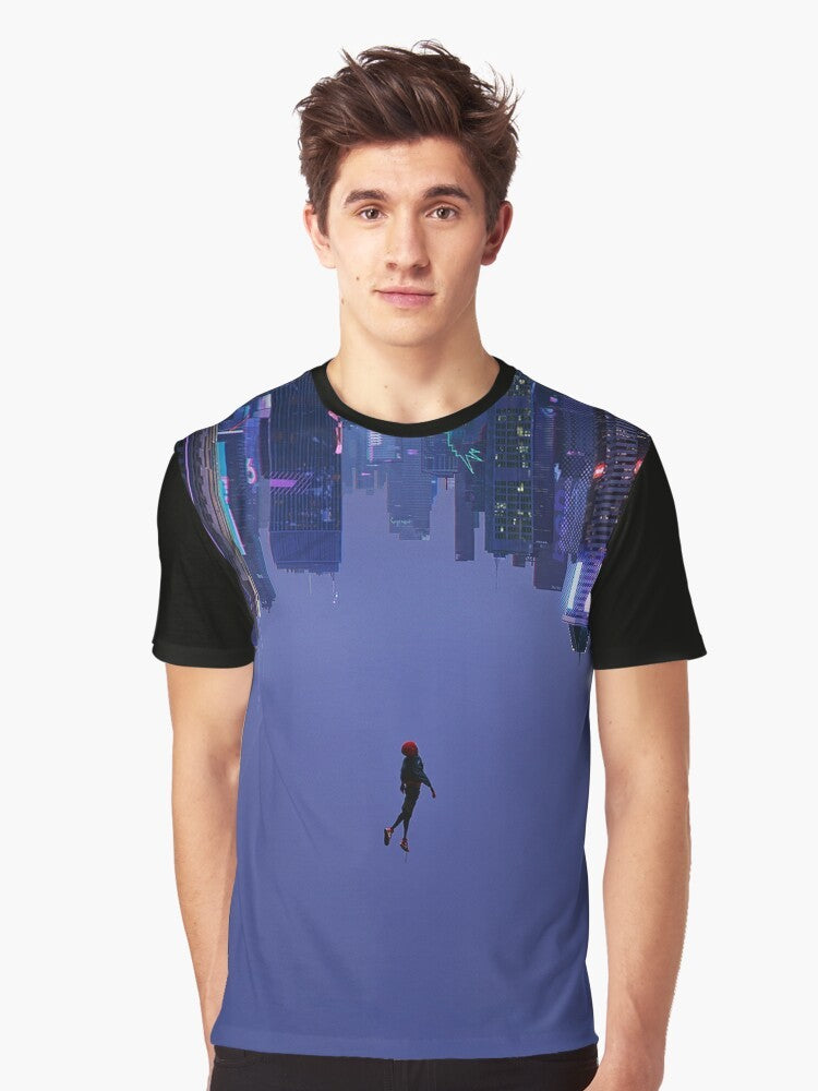 Graphic t-shirt design featuring Spider-Man character Miles Morales with the text "Not Falling, But Rising". - Men