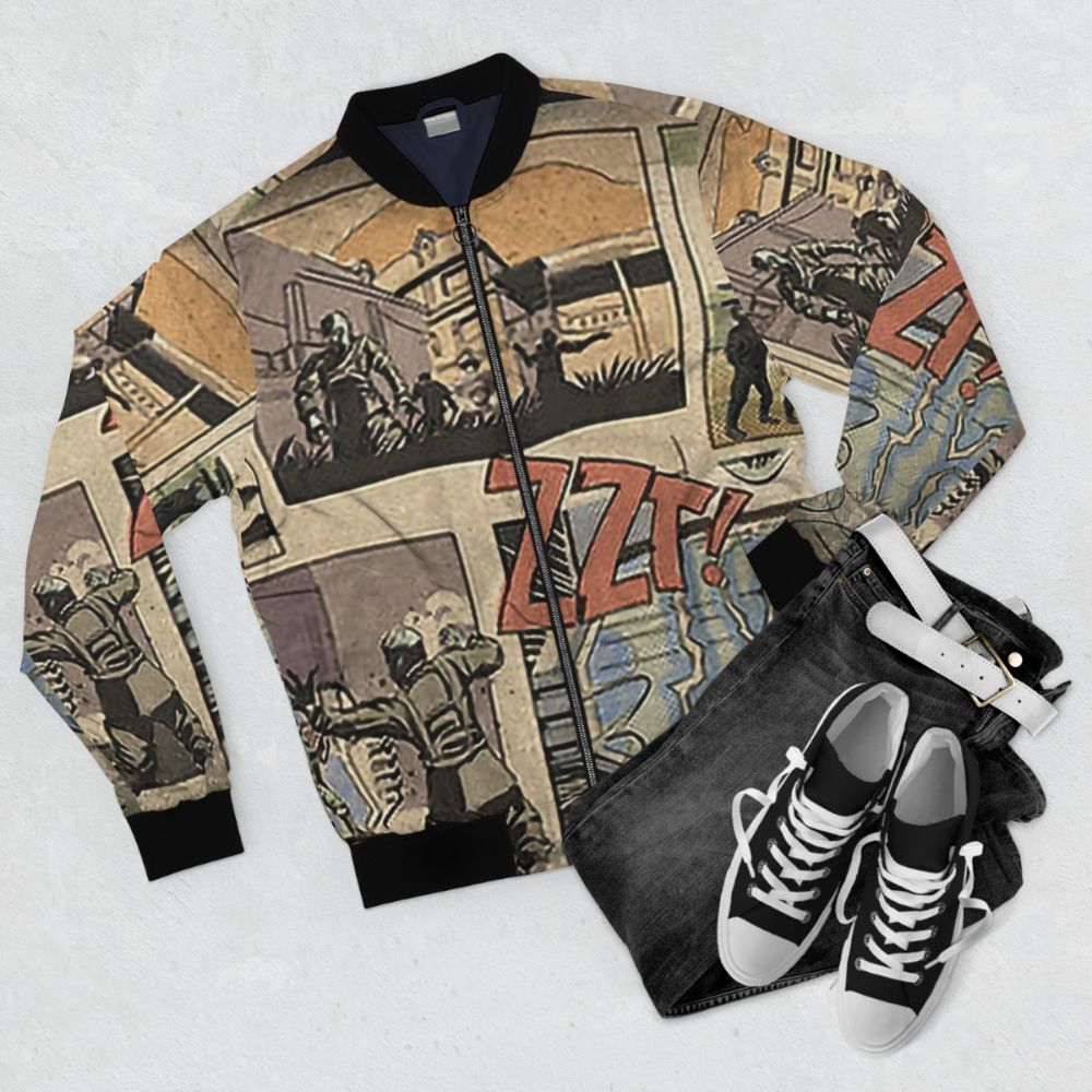 A bomber jacket featuring a comic-style Zombies loading screen from the Call of Duty Black Ops video game series. - Flat lay