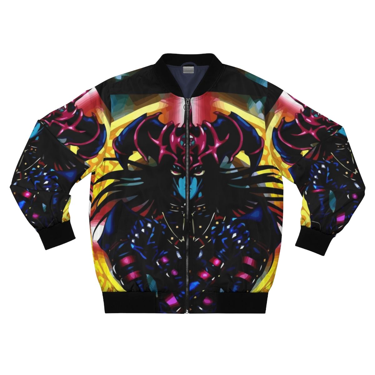 Black Yu-Gi-Oh bomber jacket with chaos-inspired design