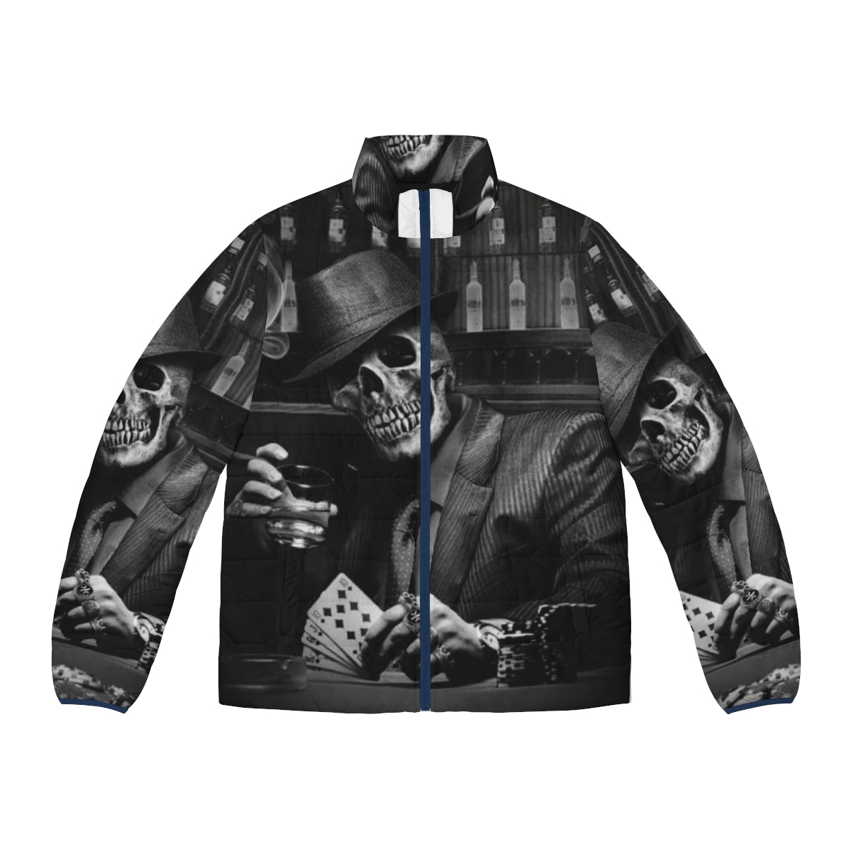 Dead Gangster Puffer Jacket featuring a skeleton and gangster-inspired design