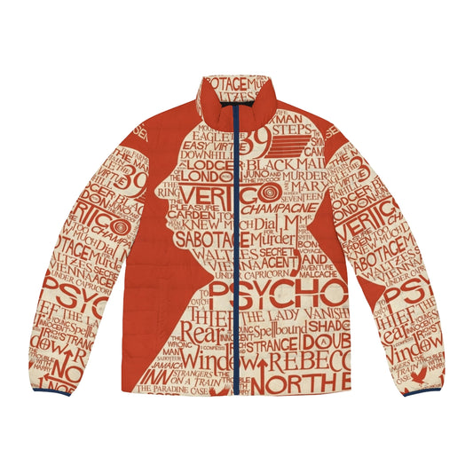 Alfred Hitchcock inspired puffer jacket with movie-themed graphics