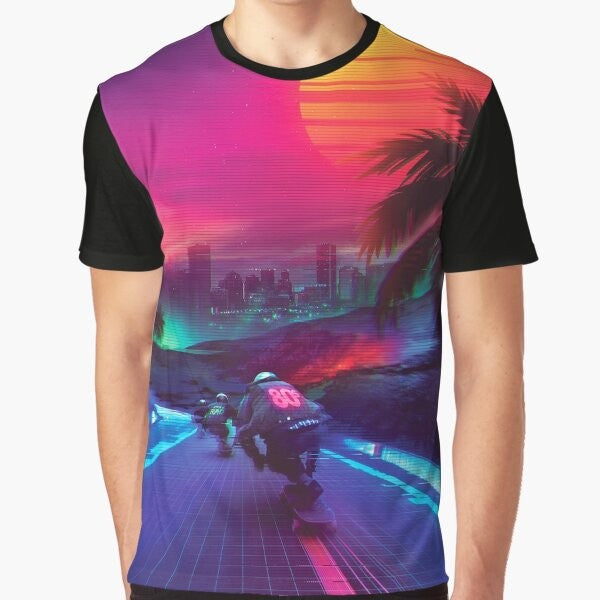 Synthwave neon graphic t-shirt with retro 80s and 90s inspired design