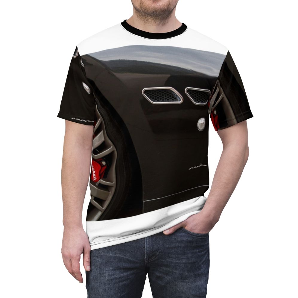 Maserati Granturismo inspired T-shirt featuring detailed automotive graphics - men front