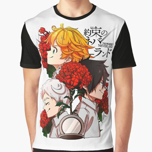 The Promised Neverland anime graphic t-shirt featuring Emma, Ray, and Norman