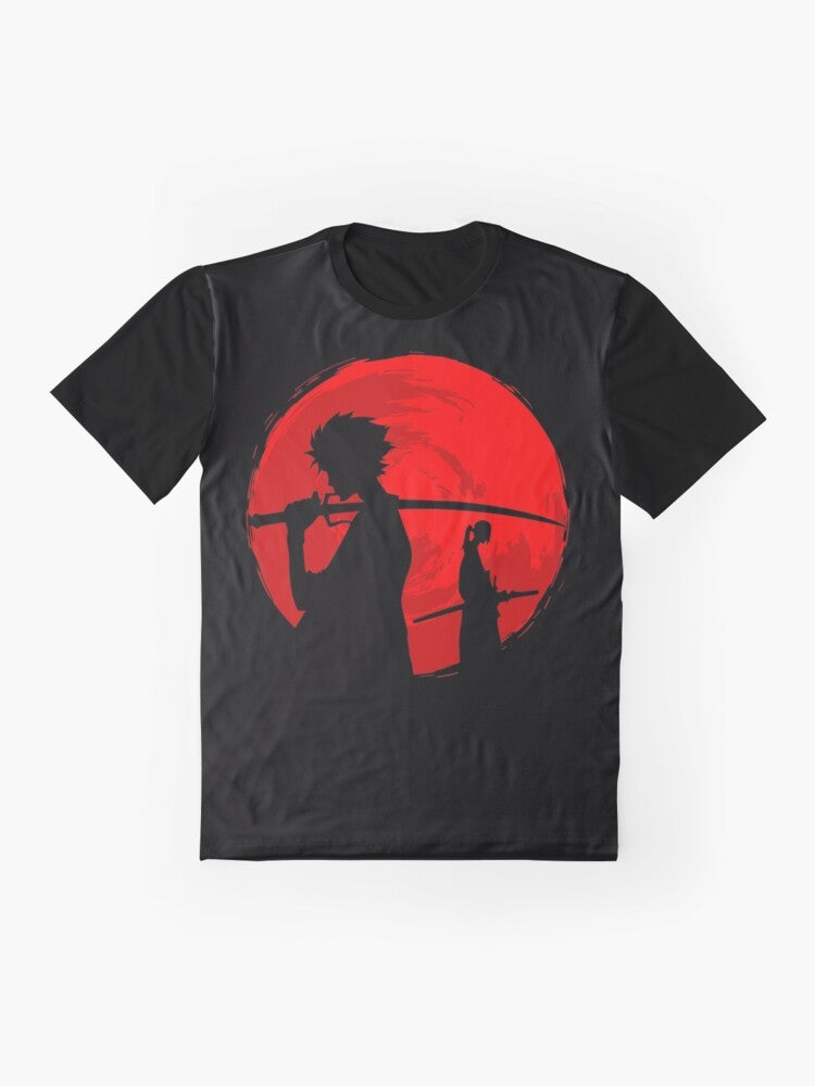 Samurai silhouette against a vibrant sunset sky on a graphic t-shirt - Flat lay