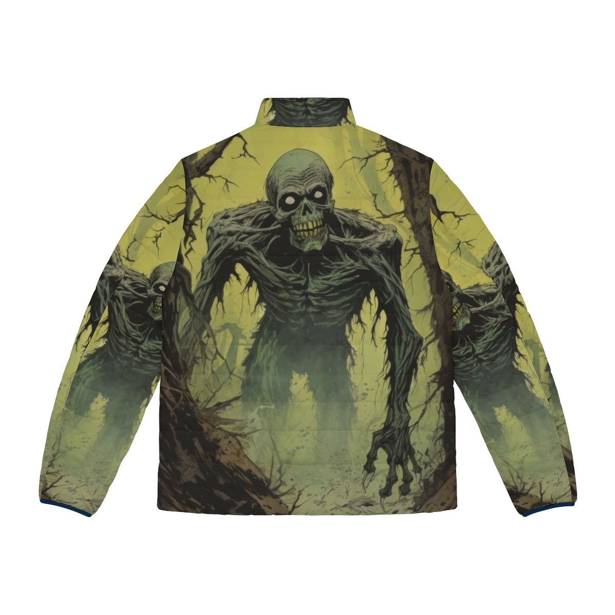 Zombie Stalker puffer jacket with haunted forest and creepy skeleton design - Back