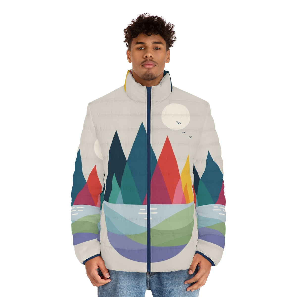 Colorful puffer jacket with geometric design and dream-like landscape - men front