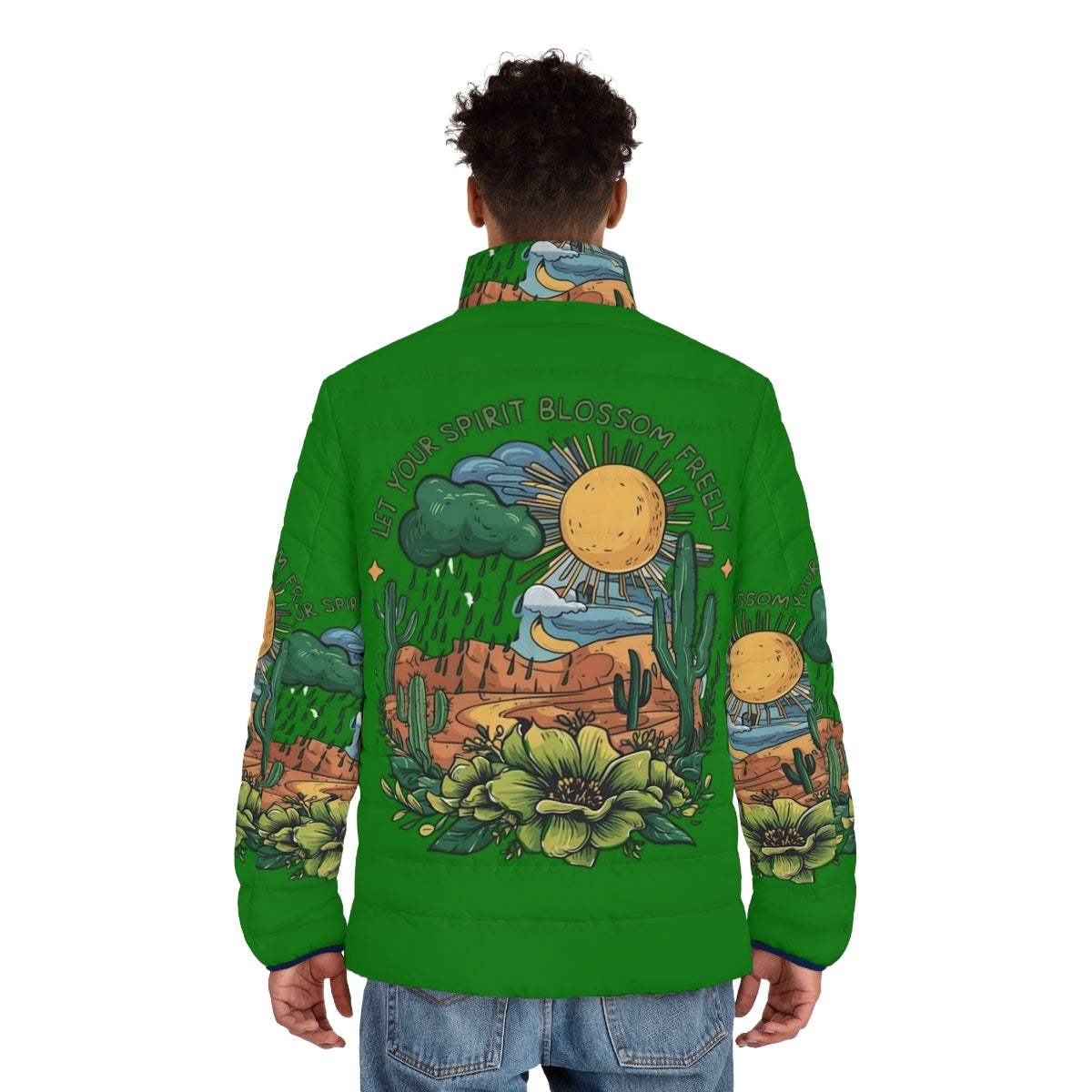 Woman wearing a floral print puffer jacket standing in a desert landscape - men back