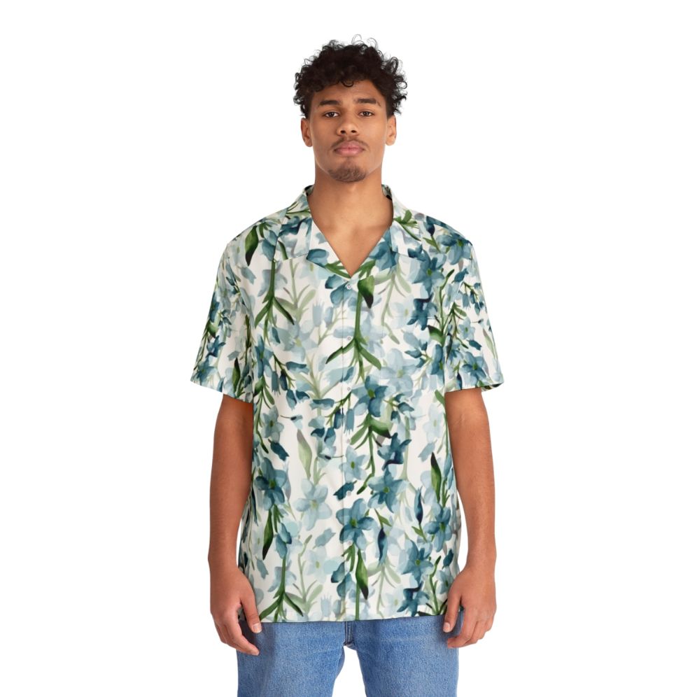 Blue Branches Hawaiian Shirt with Tropical Floral Watercolor Pattern - People Front