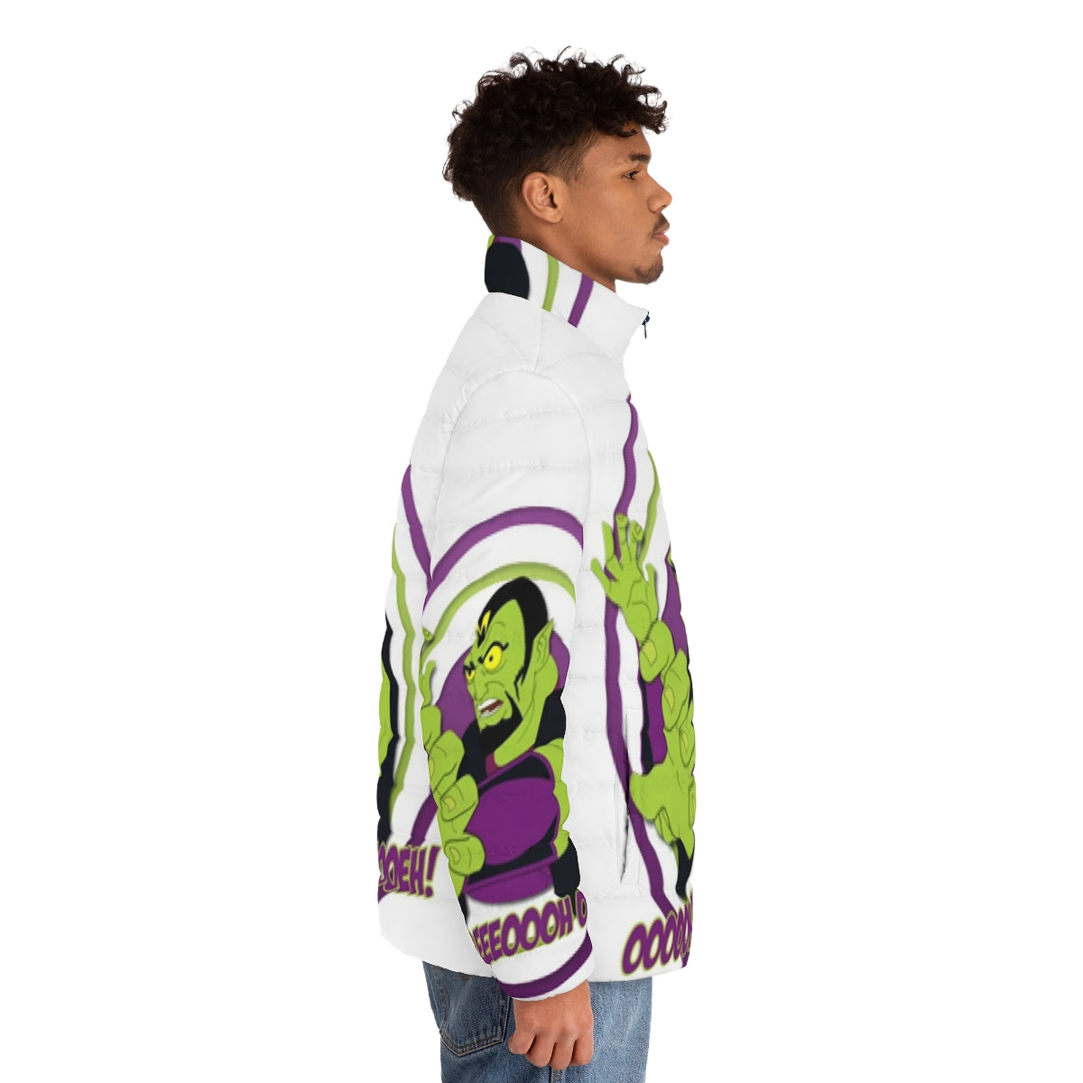 Man wearing a puffer jacket with Adult Swim cartoon characters - men side right