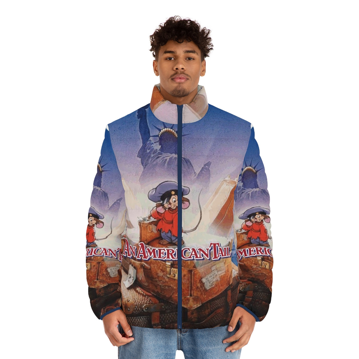 Drew Struzan inspired An American Tail puffer jacket featuring Fievel and the Statue of Liberty - men front