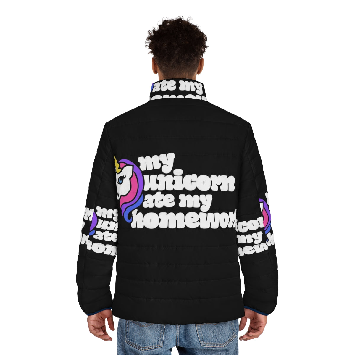 A colorful puffer jacket with a unicorn design - men back