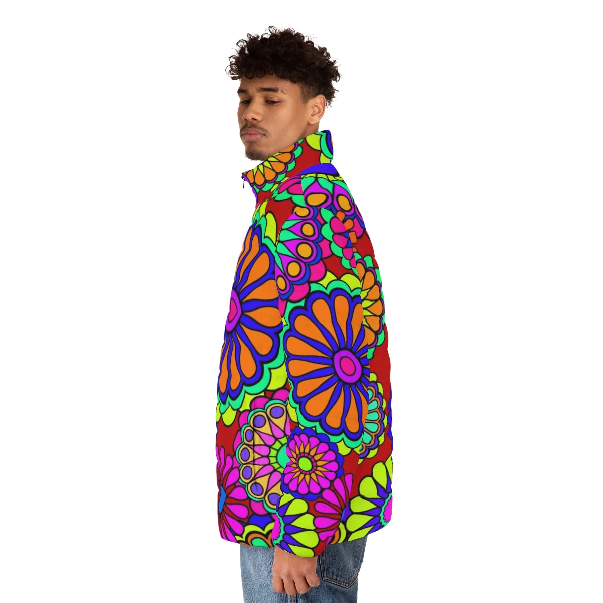 Retro floral puffer jacket with vibrant 1960s inspired design - men side left