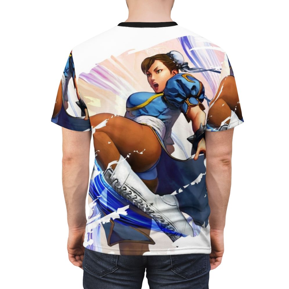 Artwork of the iconic Chun Li character from fighting games on a t-shirt - men back