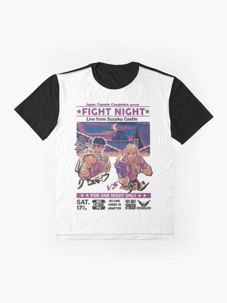 Retro Street Fighter graphic t-shirt with characters like Ryu, Ken, Chun-Li, and Akuma. - Flat lay