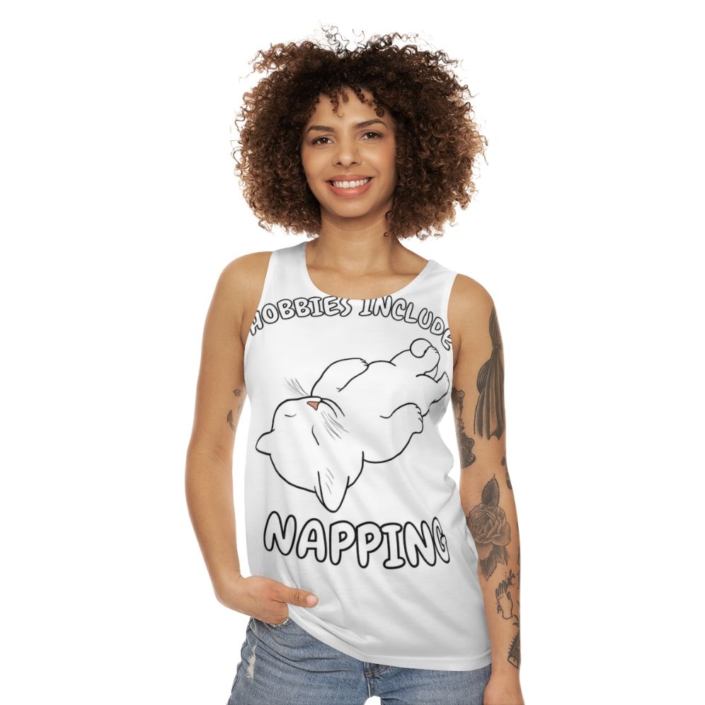 White cat napping unisex tank top - women